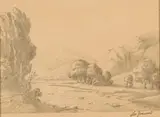 Leo François, Mountain Landscape through Trees, pencil on paper
