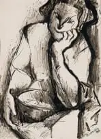 Zoltan Borbereki, Seated Woman with Basket, ink on found paper