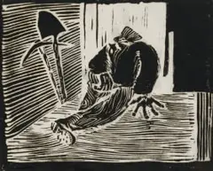 Dan Rakgoathe, Resting Labourer, linocut on paper