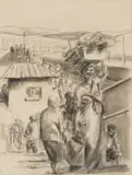 Durant Sihlali, Train Station, charcoal on paper