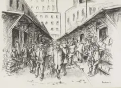Sidney Beck, Street Market, charcoal on paper