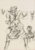 Stanley Nkosi, Washing Clothes, charcoal on paper