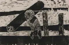 Cyprian Shilakoe, My Childhood Remembrance, woodcut on paper