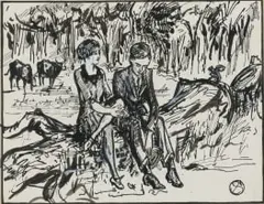 Harry Stratford Caldecott, Couple Sitting on Fallen Tree, ink on paper