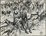 Harry Stratford Caldecott, Couple Sitting on Fallen Tree, ink on paper