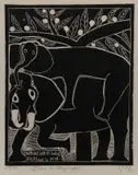 John Muafangejo, Elephant with its Baby. Elephant in 1979, linocut on paper
