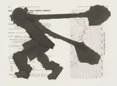 William Kentridge, Village Deep, 2003, chine collé silhouette image on de-acidified book page from 'Mines of the Transvaal' (RR Mabson, 5th edition, published by The Statist, London 1908-9) collaged on white BFK Rives paper, 250 gsm, with 25 hand-torn black paper collage elements