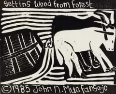 John Muafangejo, Getting Wood from Forest (small), linocut on paper