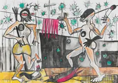 Blessing Ngobeni, Figures with Birds, watercolour on paper