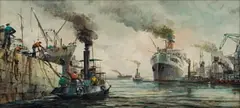 Harbour Scene by Nils Andersen, oil on board, sold Jun 2023