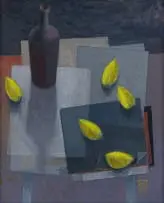Susan Helm Davies, Black Bottle & Lemon Slices, acrylic on board
