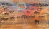 Gordon Vorster, Etosha Sunset, mixed media with watercolour on board