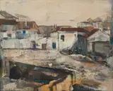 Sidney Goldblatt, Village Scene, mixed media on canvas laid down on board