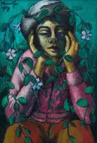 Johannes Meintjes, Pensive Boy with Periwinkle, oil on board