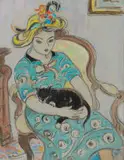 Alice Tennant, Woman Holding Sleeping Cat, mixed media on card