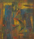 Figure with a Lizard (recto); Abstract Figures (verso) by Walter Battiss, painted and incised wood panel, sold Jun 2023