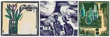 Peter Clarke, Pypies; They've Always Got Something To Talk About; and Green Bottles, three, colour woodcut on paper