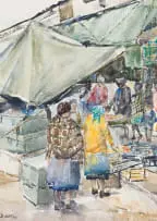 Durant Sihlali, Market, watercolour on paper