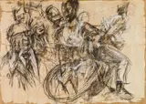 Dathini Mzayiya, Figures, mixed media with collage and charcoal on paper