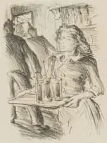 Katrine Harries, Woman Carrying a Tray of Drinks, lithograph on paper