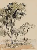 Trees and Mountain, Cape Flats. Kenilworth by Gregoire Boonzaier, ink and watercolour on paper, sold Jun 2023