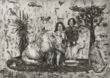 Diane Victor, Endangered Liaisons - The Lady and the Rhino, etching and chine collé on paper