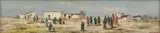 Figures in a Village by Otto Klar, oil on board, sold Jun 2023