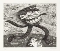 Prototype by Norman Catherine, etching on paper, sold May 2023
