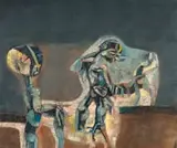 Two Figures by Nathaniel Ntwayakgosi Mokgosi, oil on board, offered May 2023