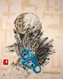 Solomon Mugutso, The Mask, charcoal, acrylic and sand on canvas, stapled to wooden rod