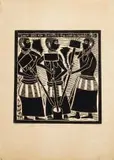 John Muafangejo, Three Girls are Stamping the Corn in Ovambo, linocut on paper