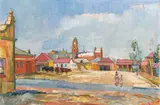 François Krige, Town Square, oil on canvas laid down on card