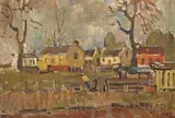 Cape Farm Cottages with a Figure by Gregoire Boonzaier, oil on canvas laid down on board, sold May 2023