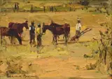Figures with Donkeys by Adriaan Boshoff, oil on canvas laid down on board, sold May 2023