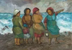 Amos Langdown, Four Women and a Child, oil on canvas laid down on board