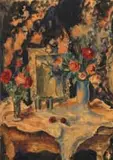 Stillewe met Blomme, Spieël en Horlosie (Still Life with Flowers, Mirror and Clock) by Maud Sumner, pen, ink and watercolour on paper, sold May 2023