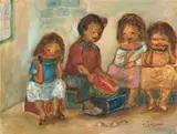 Amos Langdown, Children Eating Watermelon, oil on canvas laid down on board