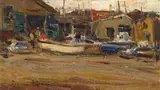 Harbour Scene by Adriaan Boshoff, oil on canvas laid down on board, sold May 2023