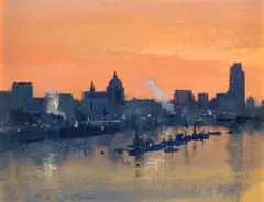 Ian Houston, Dawn Light on London's Changing Skyline, mixed media on board