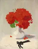 Stuart Park, Still Life with Red Geraniums and a Black Fan, oil on canvas