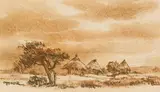 Otto Klar, Huts in a Landscape, charcoal and pastel on paper
