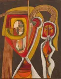 Cecil Skotnes, Abstract Figure and Face, incised and painted wood panel