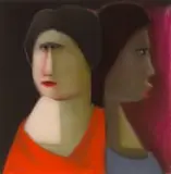 Two Women Wearing Red and Blue by Pieter van der Westhuizen, pastel on paper, offered Apr 2023