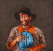 Bambo Sibiya, Woman with Hats, mixed media and acrylic on canvas