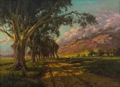 Tinus de Jongh, Landscape with Blue Gums and Mountain, oil on canvas