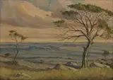 Christopher Tugwell, Hilltop View with Trees, oil on board