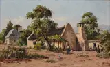 Otto Klar, Houses with Figures, oil on board