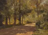 Wagon Beneath the Trees by Errol Boyley, oil on board, sold Apr 2023