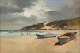 Fishing Boats on the Beach by Errol Boyley, oil on canvas, sold Apr 2023