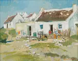Cottages by Terence McCaw, oil on canvas laid down on board, offered Apr 2023